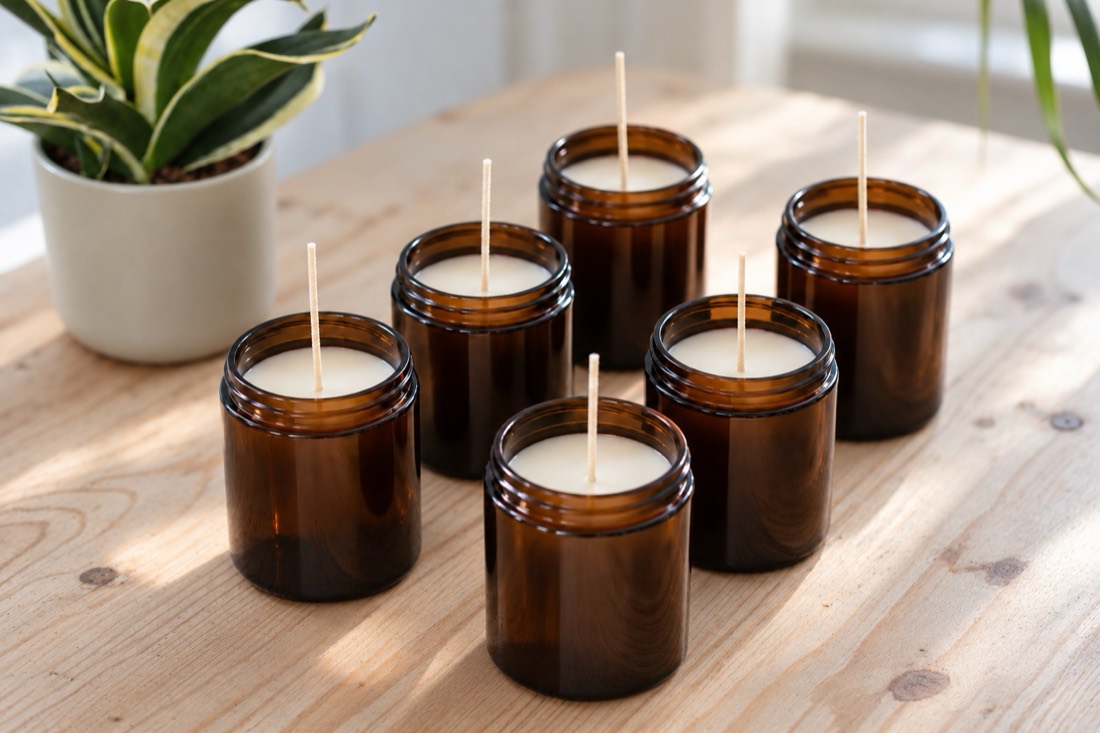 Six finished candles in amber glass, pale wax set around their wicks, on a wooden table.