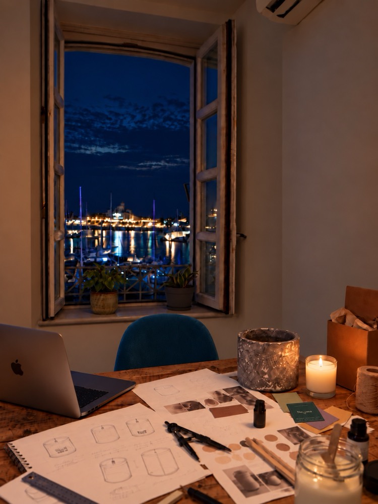 The design table at night: sketches of candles with measurements, material samples and a lit candle, by a window over the harbour.