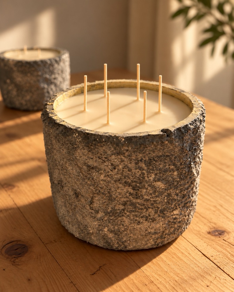 The finished piece: a large six-wick candle in its rough, sea-worn vessel, in warm afternoon light.